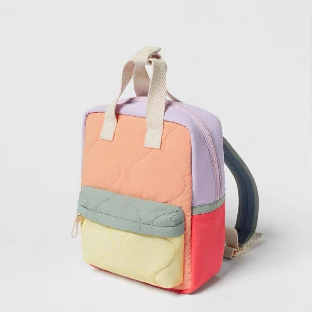 Рюкзак Color Block Оранжевый Стеганый Милый Маленький Детский Рюкзак Школьная Сумка Для Поездки На Природу