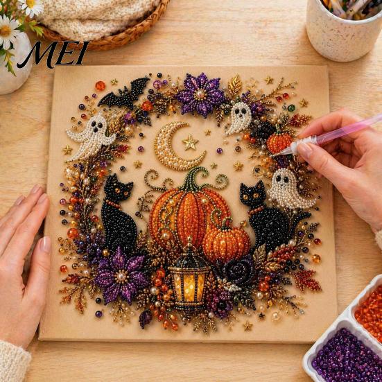 Handmade Holiday Gift Ideas Halloween Faux Pearl Art DIY Kit, Spooky Cute 3D Beads Painting Crafts, Mosaic Crafts for Adults Gothic Ghost Pumpkin Cat