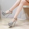 Summer Heeled Sandals Women Platform Peep Toe Shiny Crystal Bottom Ankle Buckle Thin High Heels Party Nightclub Ladies Shoe