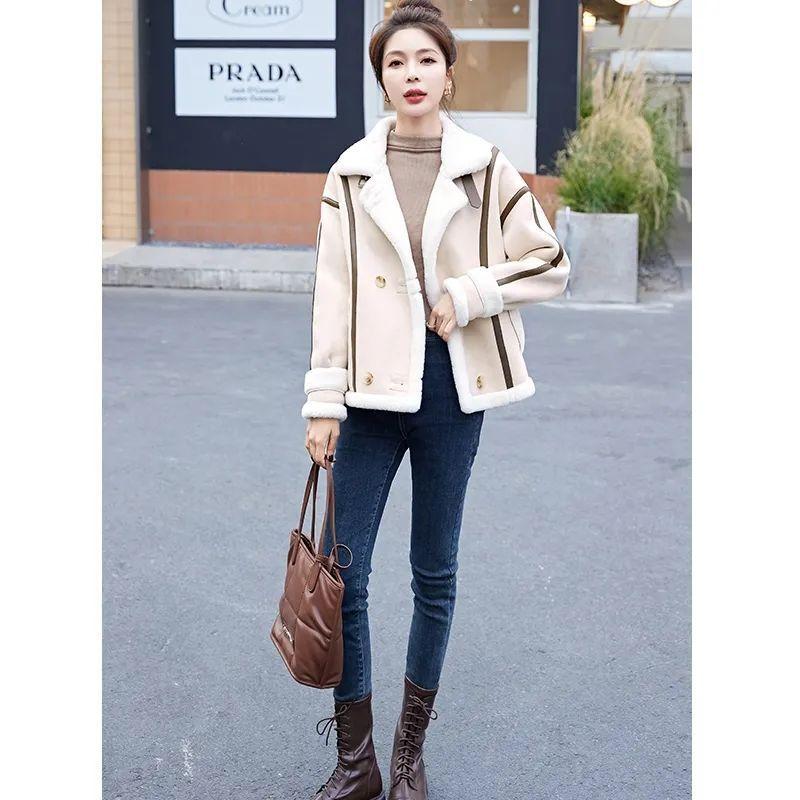 Deerskin Fleece Fur Integrated Lamb Wool Jacket Women's Short New Autumn and Winter Thickened Lamb Wool Locomotive Clothing Tide