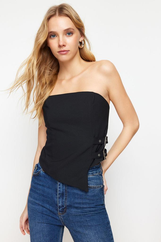 Women's Style Blouse Black Strapless Fitted Woven Blouse with Belt Buckle Detail