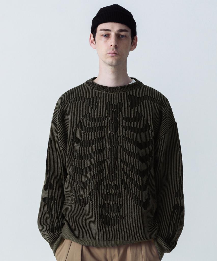 STAGE NAME Two-Tone Skeleton Bones Round Neck Oversized Knit_Khaki