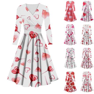 Женское модное повседневное платье с принтом ко Дню святого Валентина, длинными рукавами и V-образным вырезом, сексуальное платье