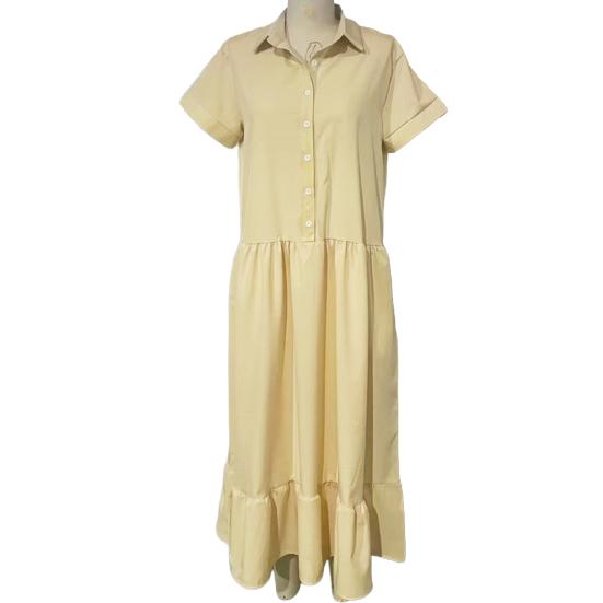 Женское летнее платье с лацканами и короткими рукавами, однотонное однобортное повседневное длинное платье