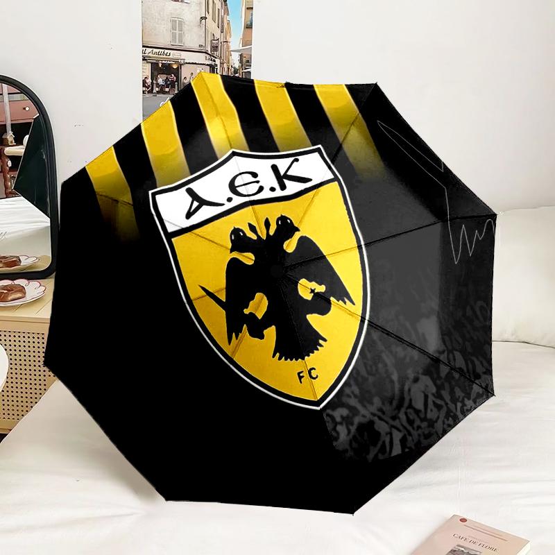 AEK AthensGolden And Black Crest Design Automatic Folding Umbrella 8-Rib Travel Umbrella with Auto Portable Case, Ideal Gift for Birthdays