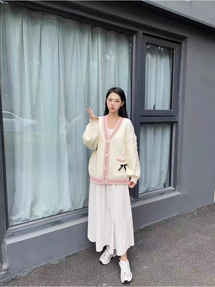 Милые вязаные кардиганы с бантом Y2k эстетичные все сочетающиеся контрастные цвета пальто модные однобортные женские свитера Kawaii JK джемперы