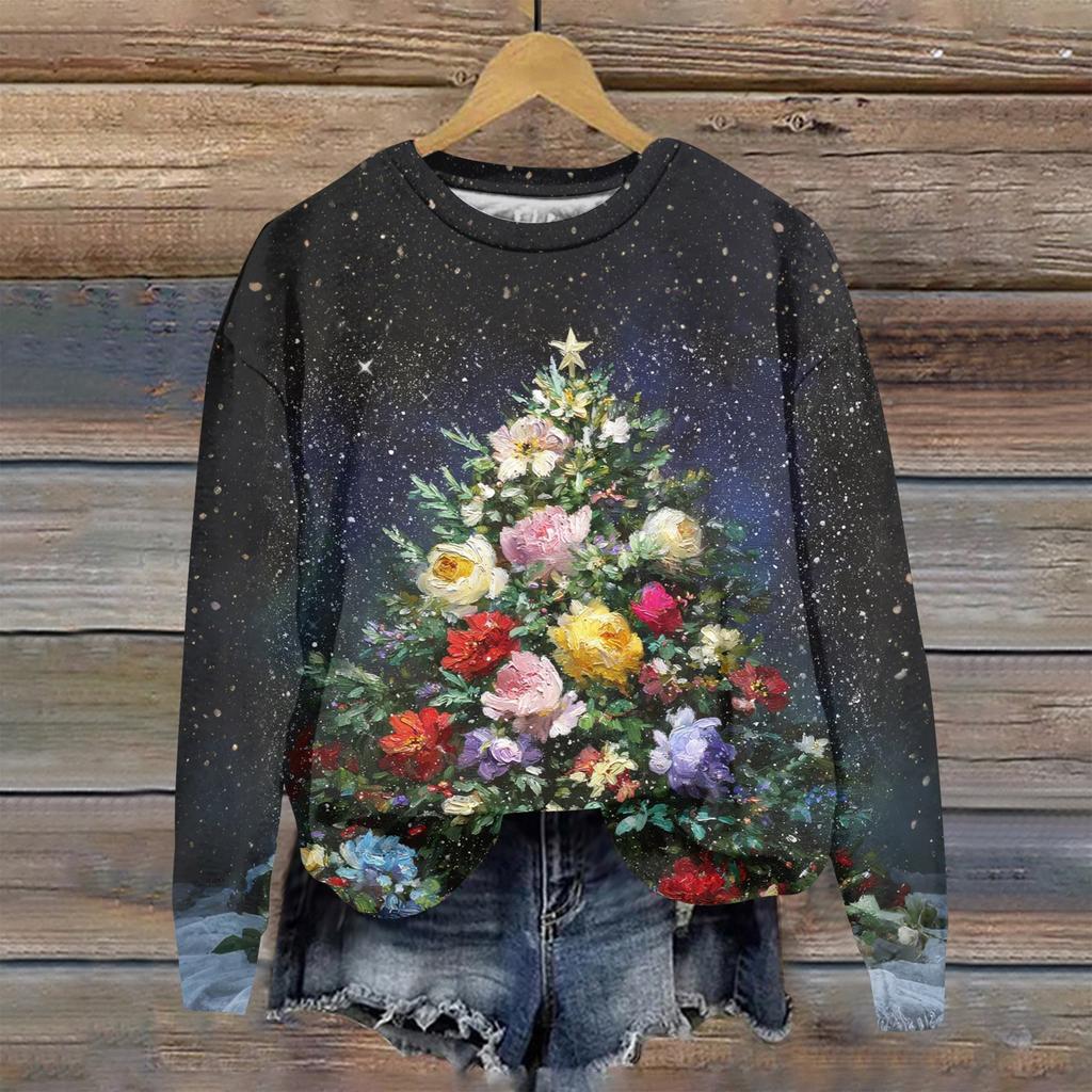 Женская модная рождественская принтованная толстовка с длинным рукавом и круглым вырезом