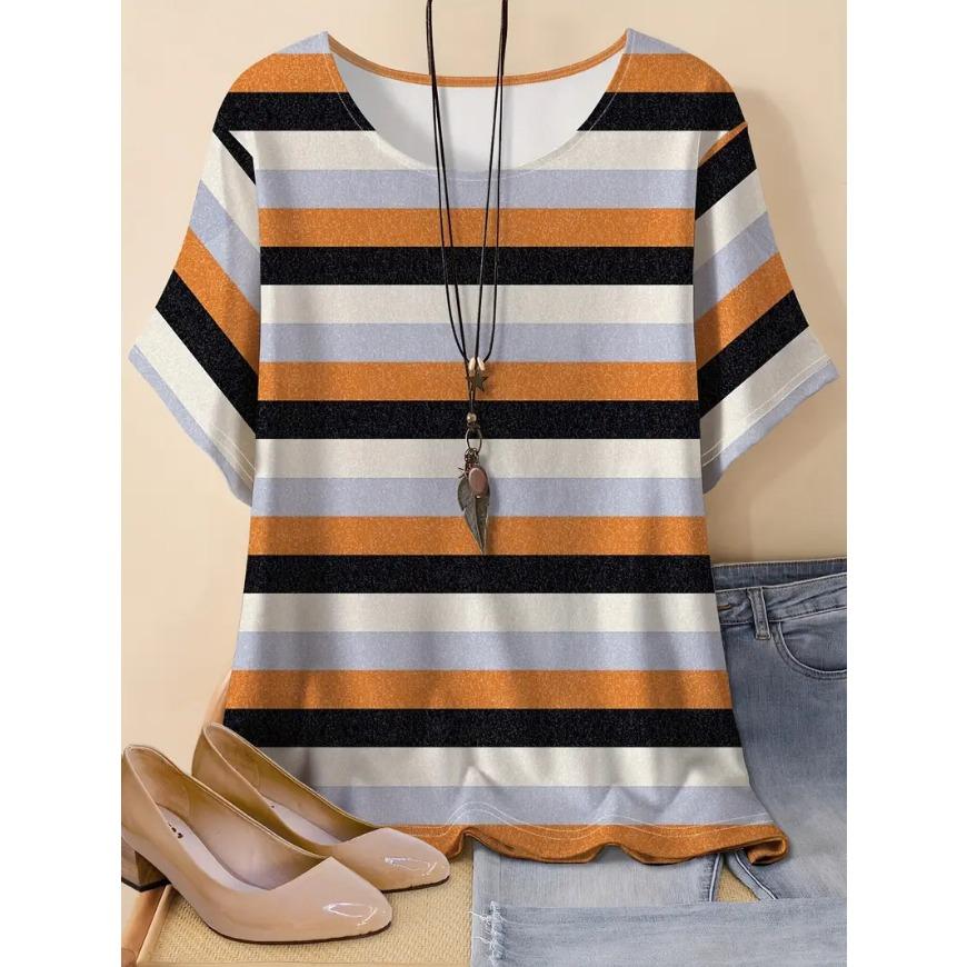 Плюс размер Лето Новый Модный Свободный 3D Печатный Полосатый Топ Для Похудения Футболка С Короткими Рукавами