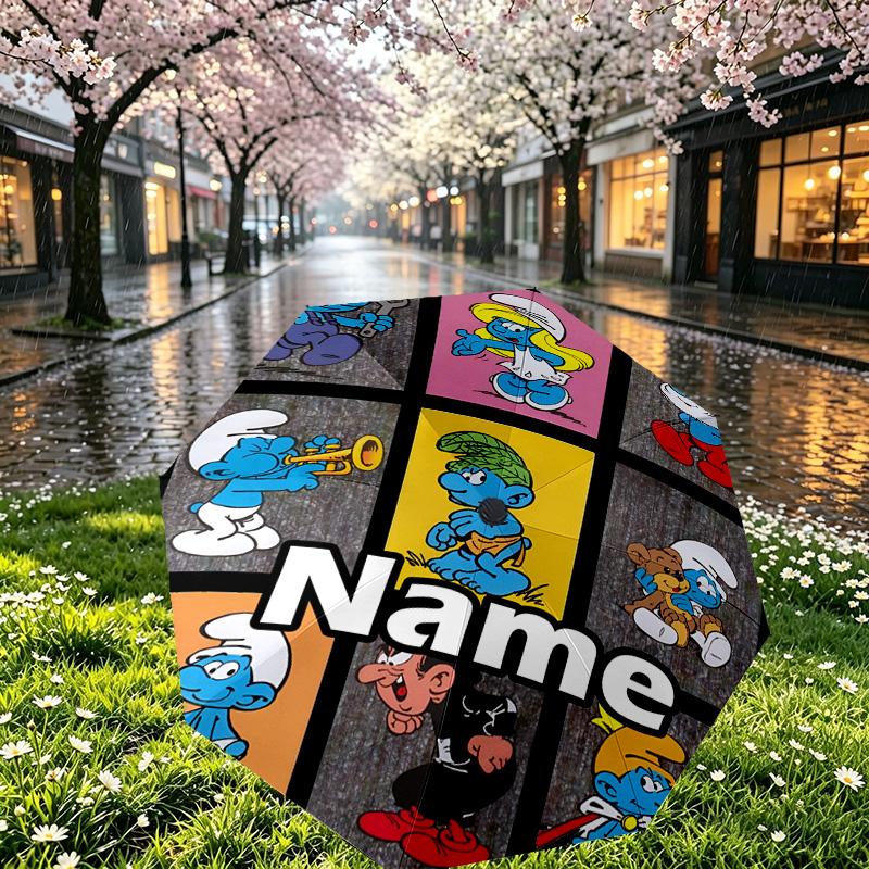 Custom Name Personalized Blue Smurfs Print Umbrella, Auto Open Close, 8‑Rib Sturdy Frame, Commute Camping Hiking Use, Birthday Gift
