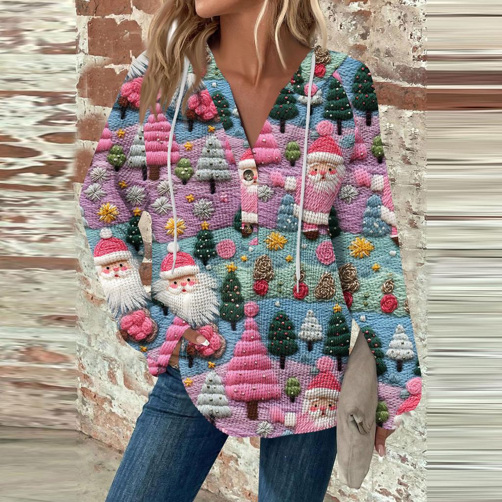 Женская мода с длинным рукавом, завязками на шнурке, капюшоном, пуговицами, V-образным вырезом, повседневная толстовка с капюшоном и рождественским принтом