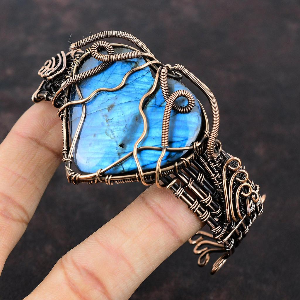 Лабрадорит Браслет-манжета Браслет-манжета из медной проволоки Регулируемый браслет Изысканный браслет-манжета с драгоценным камнем Медные украшения ручной работы Подарок для мамы