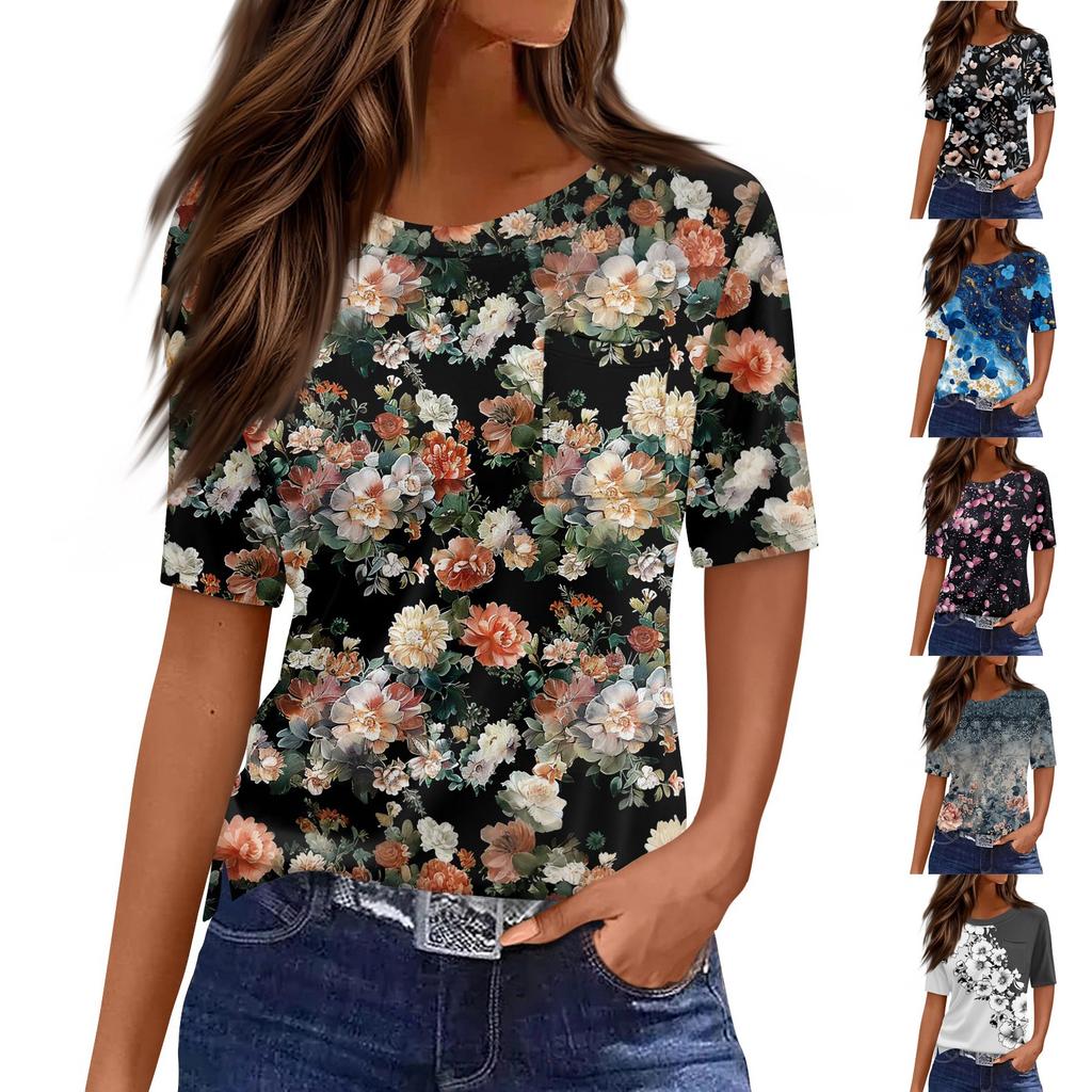 T-Shirts für Damen, Rundhalsausschnitt, elegante, lässige Blusen, bedruckt, kurzärmelig, Sommeroberteile, lockere Passform