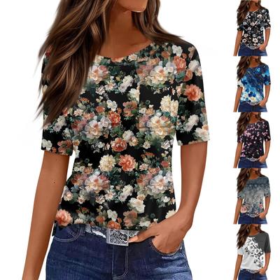 Футболки для женщин с круглым вырезом, нарядные повседневные блузки с принтом, короткие рукава, летние топы свободного кроя