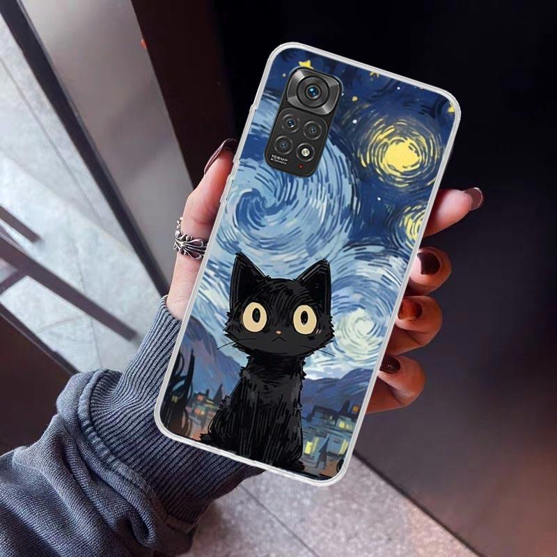 Милый черный кот Мяу Аниме Чехол для телефона Для Xiaomi Redmi Note 10 11 12 13 14 15 Pro Plus 11S 12S 14S 11T 11E 10S Мягкий ТПУ Задняя крышка
