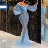 Women Elegant Gown Dress Off Shoulder V-neck Puff Long Sleeve Floor Length Dress Sequins Decor See-through Elegant Vintage Dress