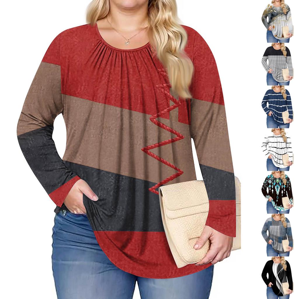 Женский модный топ большого размера с принтом, повседневный плиссированный, с круглым вырезом и длинными рукавами