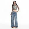 Vintage blue tooling jeans women's 1116 autumn high waist straight loose and thin versatile wide-leg pants trousers