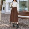 Maillard Women's Khaki Corduroy A-Line Skirt with Belt - Retro Mid-Length, Pleated Style for Autumn & Winter