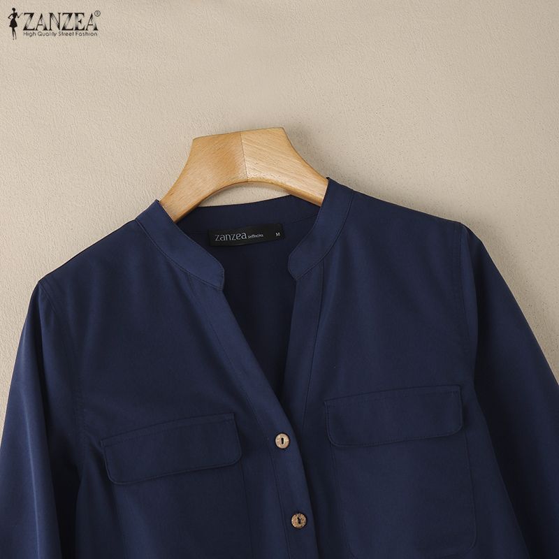 ZANZEA Женская повседневная однотонная блузка с v-образным вырезом и длинным рукавом