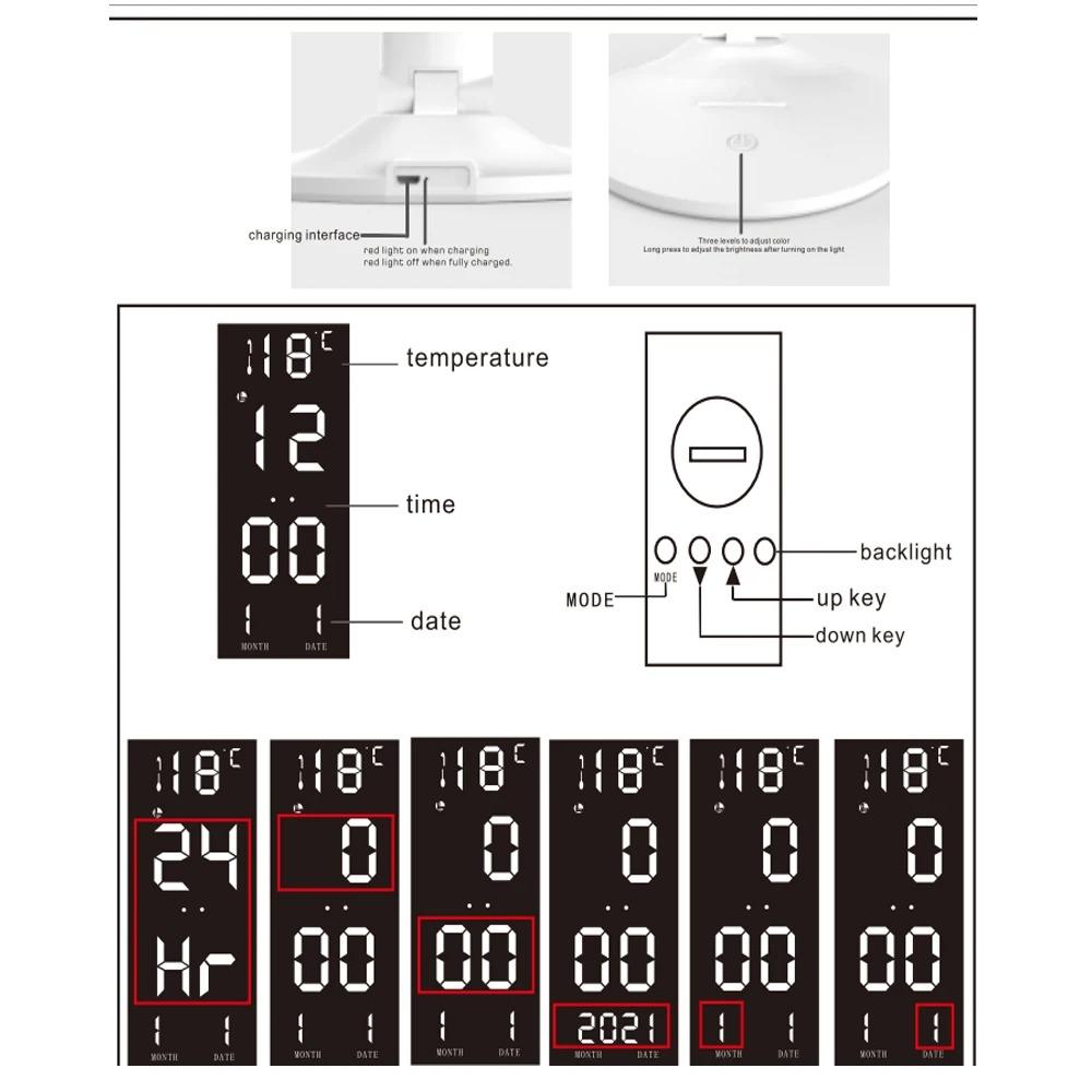 Светодиодные часы, настольная лампа, USB-зарядка, регулируемая яркость, настольные лампы, 2 головки, поворот на 180 градусов, складная защита глаз, настольные ночники для чтения