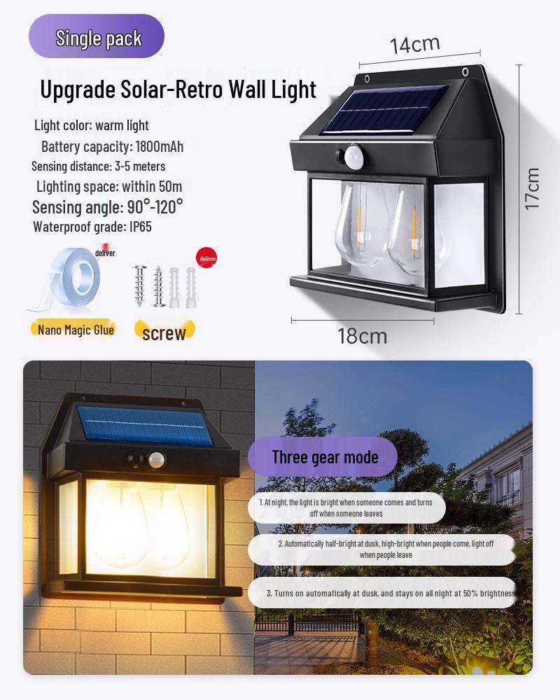 Солнечный уличный водонепроницаемый настенный светильник для двора, входа на виллу и садового патио