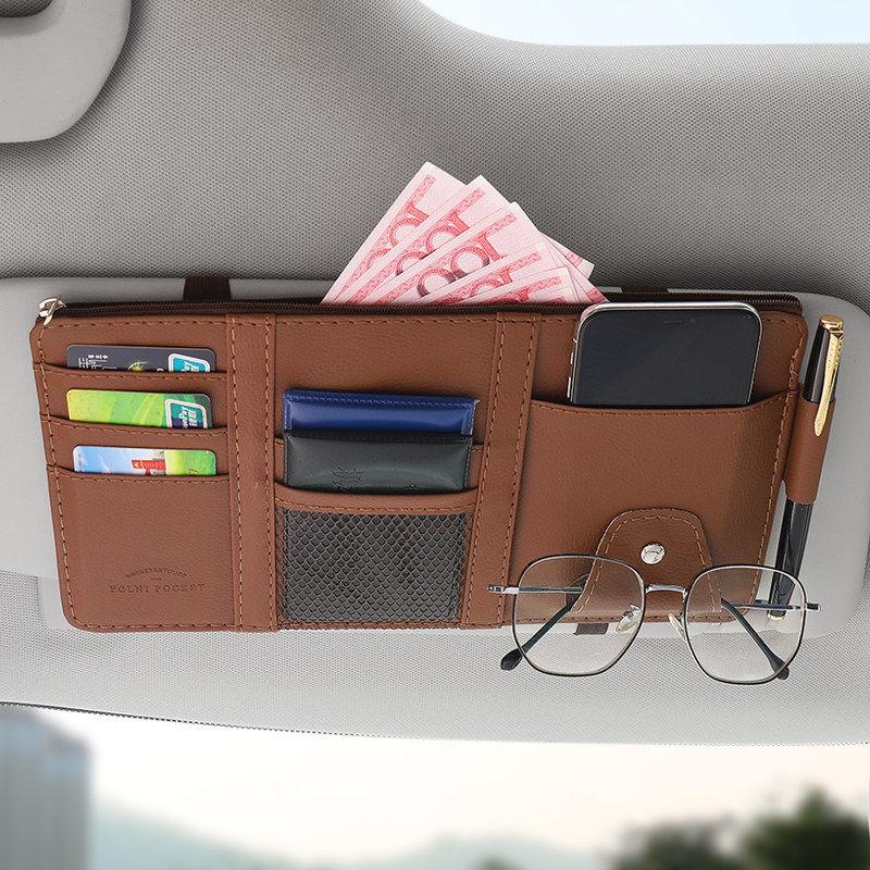 Car Glasses Storage PU Leather Multi-Function Sun Visor Point Organizer Storage Pocket Auto Sunglasses Holder Cards Organizer