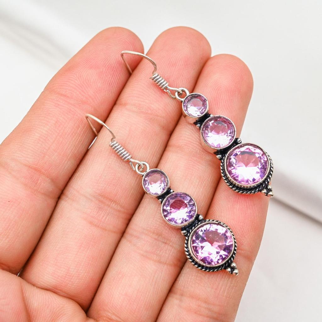Серьги с розовым кунцитом, драгоценные камни, серьги из чистого серебра 925 пробы, серьги ручной работы с камнями по дате рождения, подарок для него