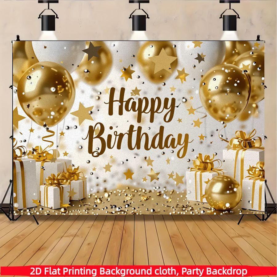 The birthday party backdrop features a golden-white color scheme, adorned with balloons, glitter powder and star sequins.