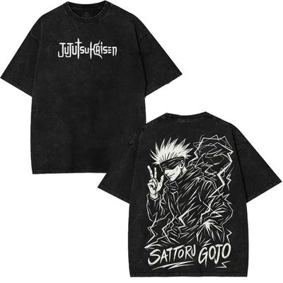 Jujutsu Kaisen Сатору Годжо Винтажная стирка Оверсайз Футболка, Унисекс Аниме Фанаты Уличная одежда Футболка, 100% Хлопок Повседневный Топ с коротким рукавом