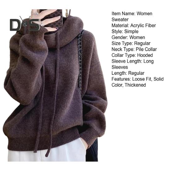 Женский свитер с ворсовым воротником, капюшоном и завязками, длинный рукав, трикотажные топы, однотонный повседневный свободный трикотаж