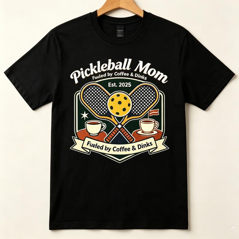 Pickleball Mom Fueled by Coffee Dinks Vintage Collegiate Crest Graphic T Shirt Unisex Casual Cotton Short Sleeve Tops Funny