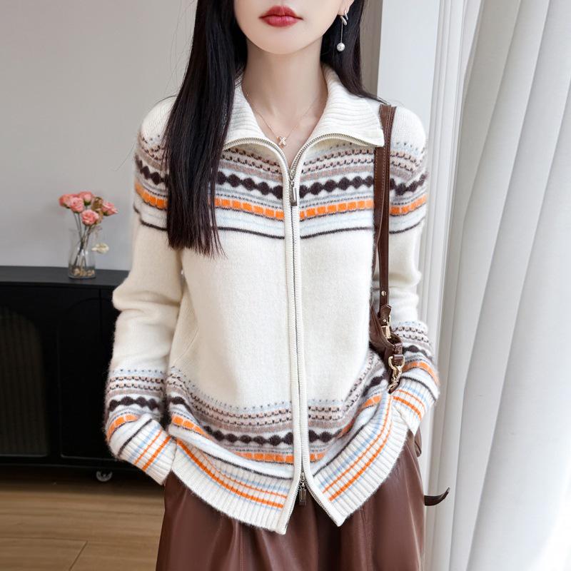 2026 Winter Pure Wool Thickened Lapel Knit Cardigan, Long Sleeve Double Zipper Fair Isle Jacquard Top