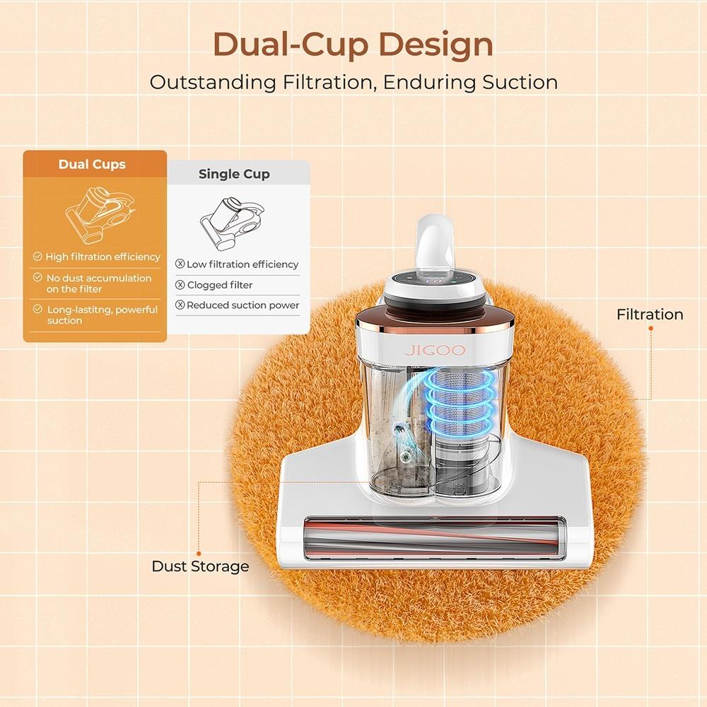 Восстановленный умный пылесос JIGOO J300 с двумя чашками, всасыванием 13 кПа, датчиком пылевых клещей, металлическим валиком-щеткой, горячим воздухом 55℃