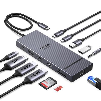 UGREEN Revodok Pro Тройная 4K Док-станция 2x10 Гбит/с USB 2x5 Гбит/с USB 100 Вт PD Быстрая 1000 Мбит/с USB-C Хаб для и т.д. 12-в-1 Станция, 2HDMI+DP, C, A, Зарядка,