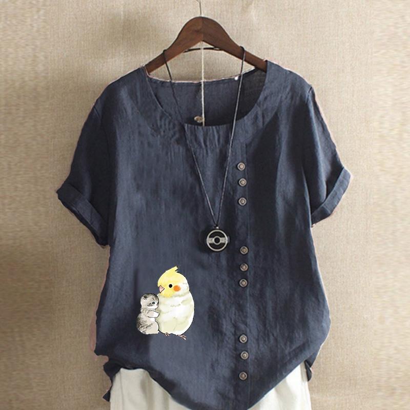 Женская модная футболка с круглым вырезом и короткими рукавами с принтом кота и попугая, повседневная хлопково-льняная рубашка с рисунком, свободная летняя блузка для отдыха, топы больших размеров