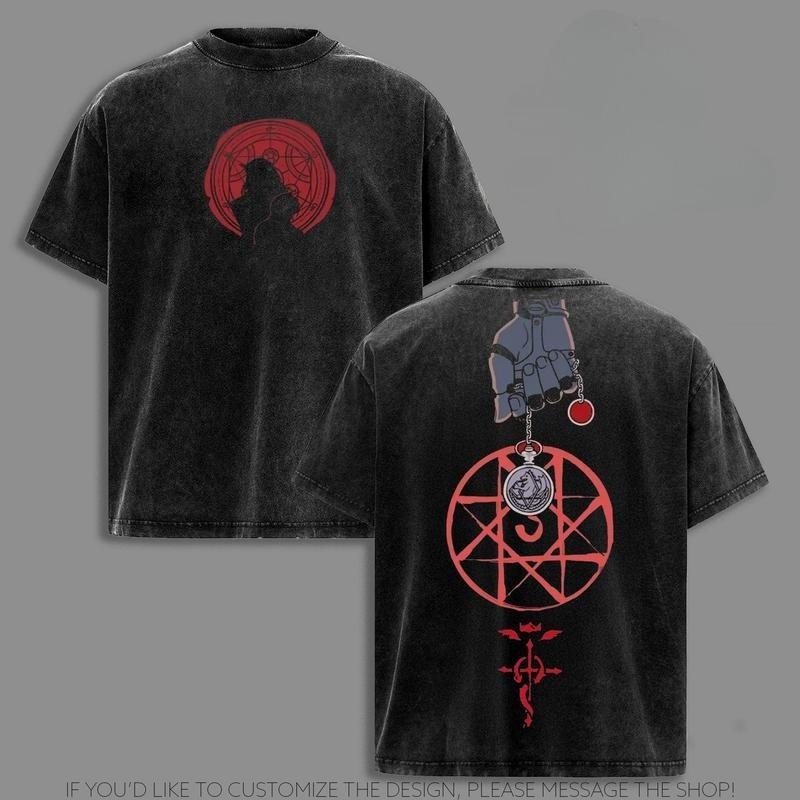 Футболка с принтом Стальной Алхимик Эдвард Элрик Мужская Женская Ретро Стирка Хлопок Короткий Рукав Одежда Харадзюку Футболка