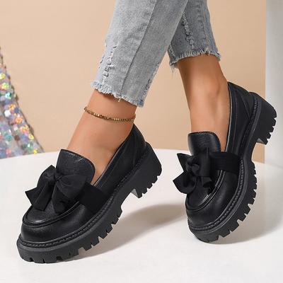 Весенние женские туфли-лоферы на платформе с бантом, черные, из искусственной кожи, без застежек, на плоской подошве, женские туфли в студенческом стиле, размер 42