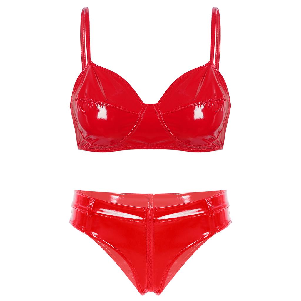 Women Patent Leather Lingerie Set Wet Look Bra Top Wire Free No Padding Zipper Crotch Low Rise Briefs