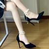2025 New Pointed Stiletto High Heels Women's Black Suede One-word Buckle Sandals Pearl High Heels Women's Shoes