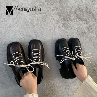 Модные туфли-оксфорды на шнуровке для женщин, мокасины для девушек из колледжа, небольшие кожаные туфли, женские туфли на плоской подошве с квадратным носком, броги в стиле ретро, на толстом каблуке, дерби