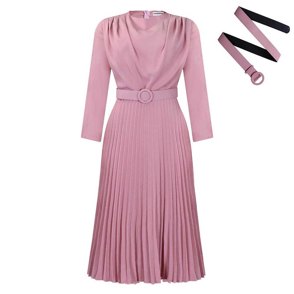 Women's Dress Spring and Autumn Temperament Elegant Pressed Pleated Commuter OL Solid Colour Plus Size Dresses