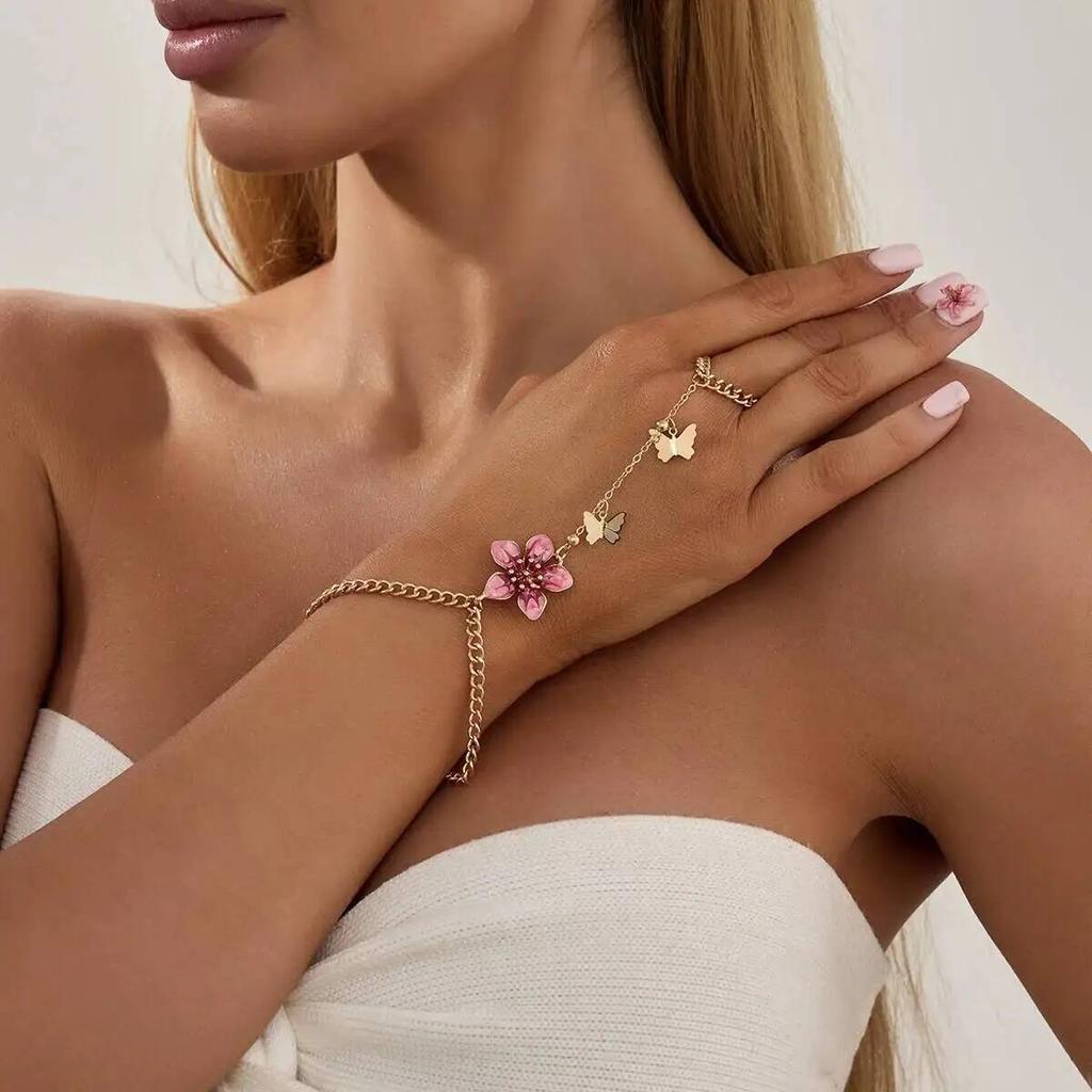 Ingemark Exquisite Sweet Butterfly Flower Finger Bracelet for Women Retro Drip Oil Flower Charm Bracelets Jewelry Hand Accessory