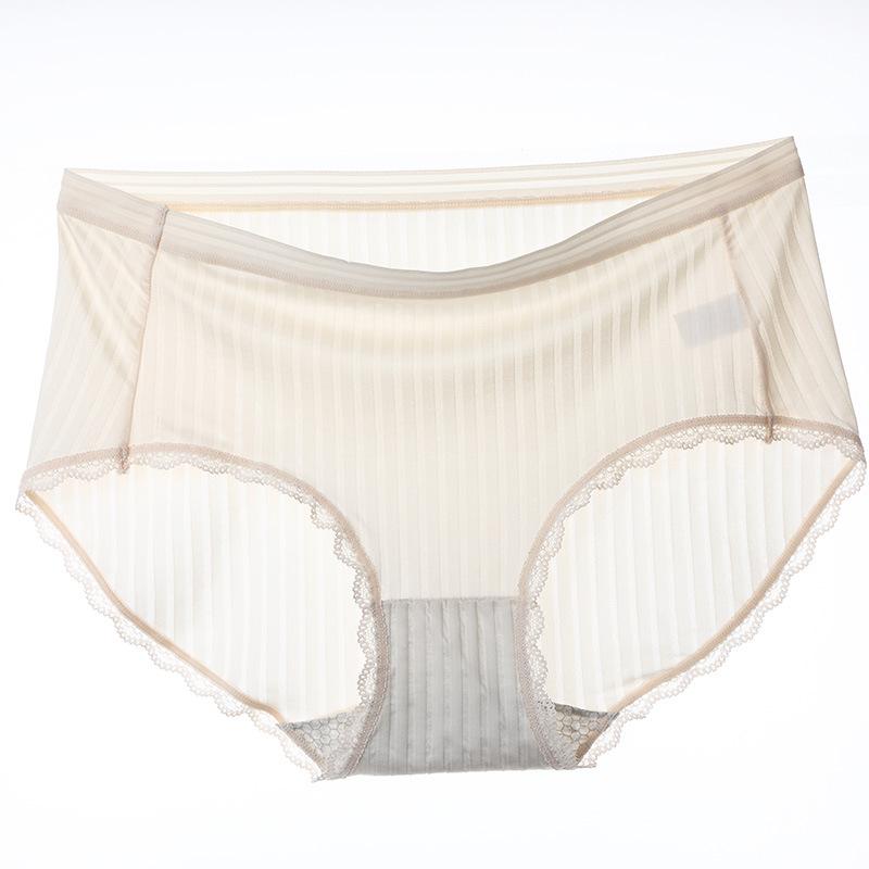 Underwear Women Sexy Ice Silk Transparent Lace Mid Waist Panties Breathable Antibacterial Bottom Crotch Briefs Plus Size Women