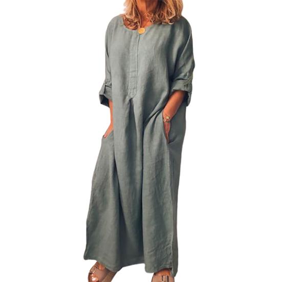 Женское винтажное однотонное платье макси с длинными рукавами и круглым вырезом, кафтан