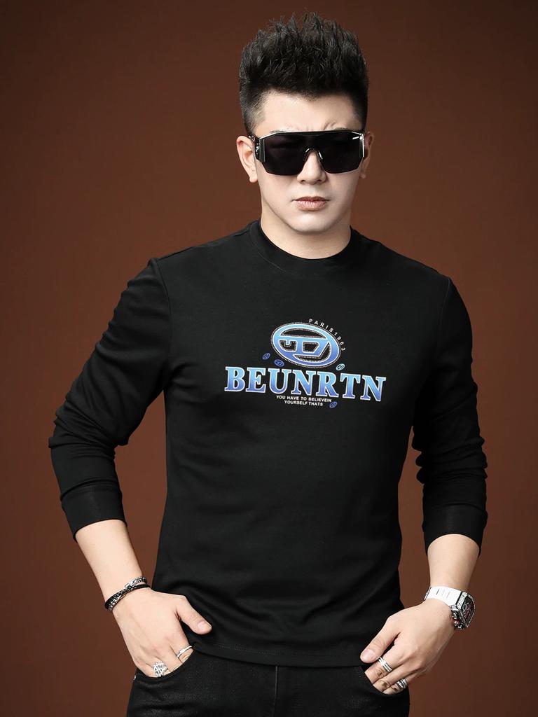 European Trendy Brand Long-Sleeve T-Shirt for Men with Letter Print, 2025 Autumn New Style, Half-High Collar Base Shirt, Autumn Top