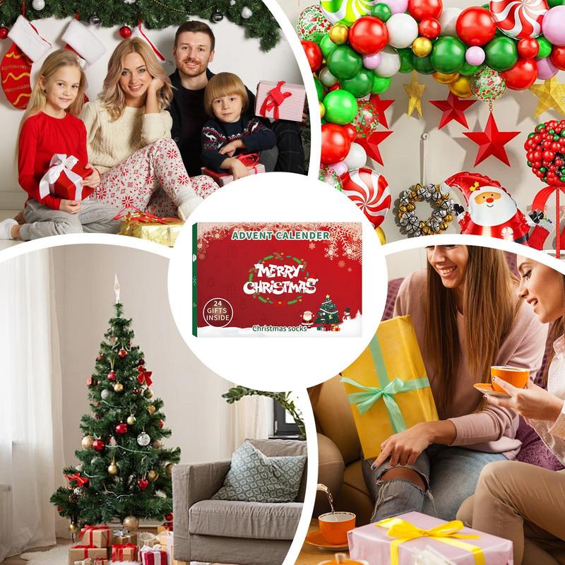 Набор адвент-календаря «Рождественские носки 2025» 24 дня хлопковых носков с разными узорами для взрослых Адвент-коробка праздничный подарок