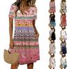 Женское модное платье в стиле ретро с принтом, круглым вырезом, коротким рукавом и пуговицами, повседневное