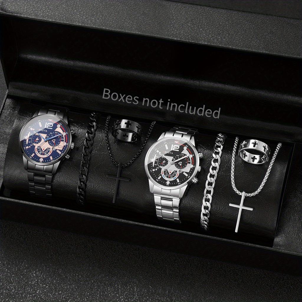 4PCS Trendy Hip-hop Men's Business Watch Bracelet Ring Set, Analog Mechanical Watch Quartz Watch Men's Clock (no Box)