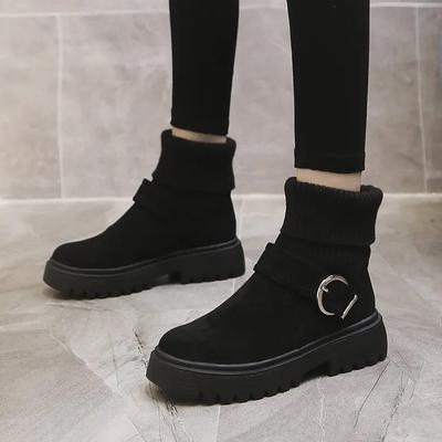 Женские сапоги, два способа ношения зимой, новые британские сапоги с пряжкой на ремне, плюшевые, на толстой подошве, высокие, короткие, нескользящие, ботильоны