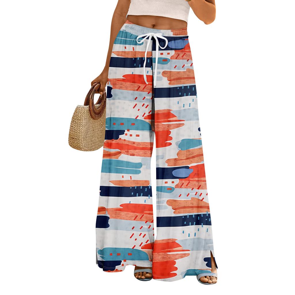 Women Summer Boho Palazzo Pants High Waist Wide Leg Rinting Casual Trousers With Pockets